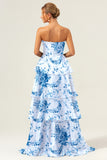 A-Line White Blue Floral Strapless Tiered Maxi Bridesmaid Dress