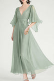 Dusty Sage V-Neck Half Sleeves Chiffon Formal Dress