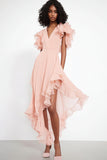 Pink V-Neck Ruffled Chiffon Asymmetrical Formal Dress