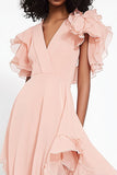 Pink V-Neck Ruffled Chiffon Asymmetrical Formal Dress