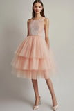 Pink Square Neck Tiered Tulle Knee Length Formal Dress