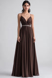 Coffee A Line Chiffon Pleated Formal Dress with Rhinestone