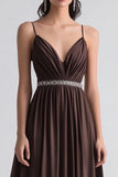 Coffee A Line Chiffon Pleated Formal Dress with Rhinestone