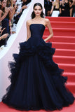 Navy Strapless Ball Gown Tulle Maxi Red Carpet Dress