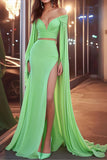 Two Piece Light Green Chiffon Sheath Red Carpet Dress with Slit