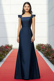 Elegant Satin Navy Square Neck Maxi Formal Dress