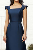 Elegant Satin Navy Square Neck Maxi Formal Dress