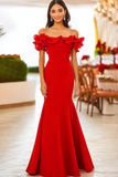 Red Off the Shoulder Mermaid Ruffled Formal Dress