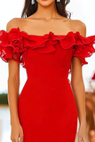 Red Off the Shoulder Mermaid Ruffled Formal Dress