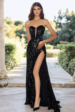 Sweetheart Sparkly Sequins Black A Line Prom Dress with High Slit