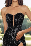 Sweetheart Sparkly Sequins Black A Line Prom Dress with High Slit