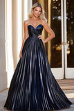 Navy Metallic Sweetheart Pleated A Line Prom Dress