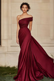 Burgundy One Shoulder Ruched Sheath Satin Prom Dress