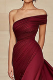 Burgundy One Shoulder Ruched Sheath Satin Prom Dress