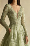 Dusty Sage V-Neck Appliqued A Line Prom Dress with Long Sleeves