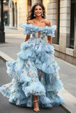 Blue Floral Ruffled A Line Off The Shoulder Keyhole Prom Dress