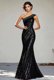 Sparkly Black Mermaid One Shoulder Sequins Prom Dress