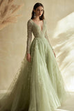 Dusty Sage V-Neck Ball Gown Applique Long Sleeves Prom Dress