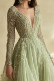 Dusty Sage V-Neck Ball Gown Applique Long Sleeves Prom Dress