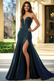 Glitter Sweetheart A Line Dark Green Floor Length Prom Dress with Slit