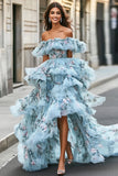 Blue Ruffled A Line Off The Shoulder Floral High Low Prom Dress