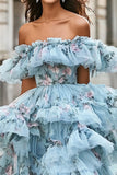 Blue Ruffled A Line Off The Shoulder Floral High Low Prom Dress