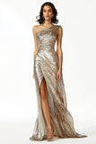 Sparkly Golden One Shoulder Ruched Sheath Prom Dress with Slit