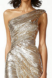 Sparkly Golden One Shoulder Ruched Sheath Prom Dress with Slit