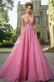 Sparkly Fuchsia A Line Deep V-Neck Prom Dress with Lace