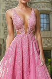 Sparkly Fuchsia A Line Deep V-Neck Prom Dress with Lace