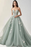 Green A Line Ball Gown Sweetheart Tulle Prom Dress with Applique