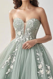 Green A Line Ball Gown Sweetheart Tulle Prom Dress with Applique