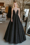 Black A Line Spaghetti Straps Embroidered Long Prom Dress