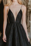 Black A Line Spaghetti Straps Embroidered Long Prom Dress