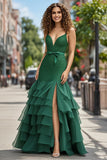 Dark Green Spaghetti Straps Ruffled Organza Tiered Prom Dress with Slit