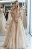 A Line Champagne Sweetheart Tulle Prom Dress with Lace