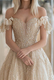 A Line Champagne Sweetheart Tulle Prom Dress with Lace