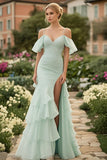 Mint Mermaid Cold Shoulder Ruffles Prom Dress with Slit