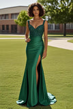 Dark Green Corset Beaded Mermaid Prom Dress with Slit