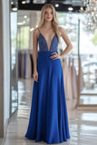 Royal Blue Deep V-Neck A Line Prom Dress with Beading