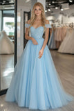 Sky Blue A Line Tulle Off the Shoulder Applique Floor Length Prom Dress