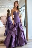 Beaded Plum A Line Satin Strapless Sweetheart Prom Dress with Ruffles