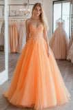 Ball Gown Orange Sweetheart Tulle Long Prom Dress with Lace Appliques