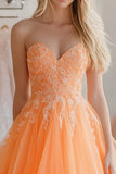 Ball Gown Orange Sweetheart Tulle Long Prom Dress with Lace Appliques