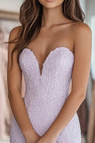 Pretty Lilac Lace Sheath Corset Strapless Long Prom Dress