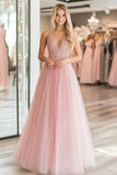 Pink Tulle A Line V-Neck Applique Floor Length Prom Dress