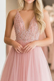 Pink Tulle A Line V-Neck Applique Floor Length Prom Dress