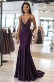 Dark Purple Sheath V-Neck Prom Dress with Applique