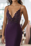 Dark Purple Sheath V-Neck Prom Dress with Applique