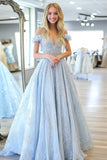 Glitter Sky Blue A Line Sweetheart Off the Shoulder Long Prom Dress